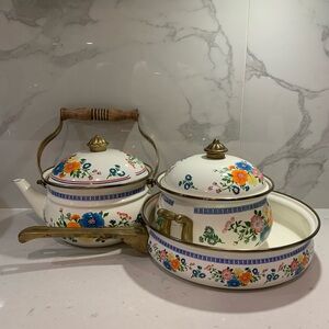 Enamel and Brass Floral Cookware
